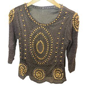Crocheted Brown Beaded Boho Lined Pullover Sweater